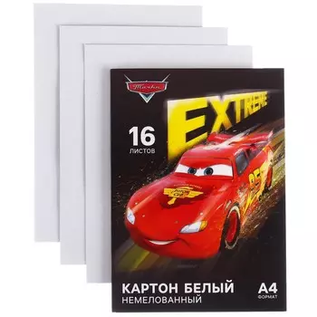 Картон белый, А4, 16 листов, немелованный, односторонний, в папке, 220, г/м, «Тачки»