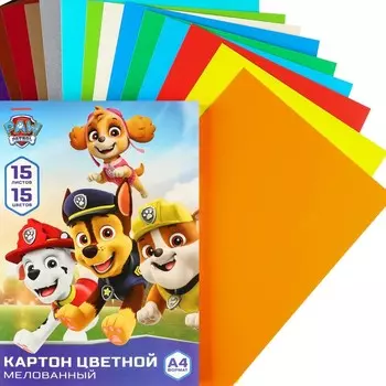 Цветной картон, А4, 15 листов, 15 цветов, мелованный, односторонний, в папке, 220 г/м, «Щенячий патруль»