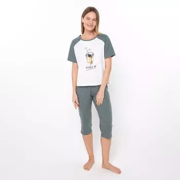 Комплект женский «Wake up» (футболка/бриджи), цвет серо-зелёный, размер 56