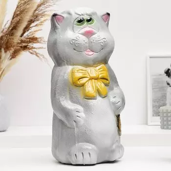 Копилка "Кот с бантом и рыбкой" серый, 38см