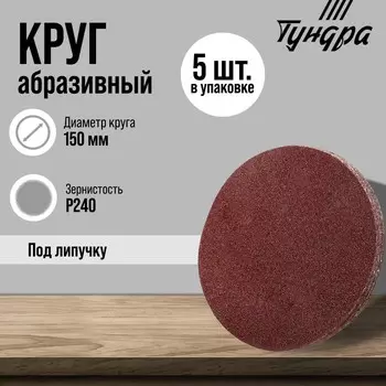 Круг абразивный шлифовальный под «липучку» ТУНДРА, 150 мм, Р240, 5 шт.