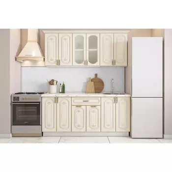 Кухонный гарнитур Бергамо 1800х600 белый/крем патина платина