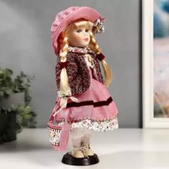 Кукла коллекционная керамика "Алёна в розовом платье и бордовом джемпере" 30 см