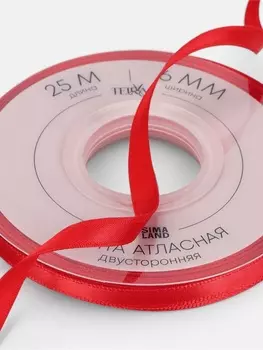 Лента атласная TEIRA, двухсторонняя, 6 мм, 25±1 м, красная №0250