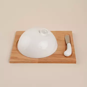 Маслёнка SL Home «Тренто», 2217.5 см, на деревянной подставке, с ножом для масла, фарфор, белая