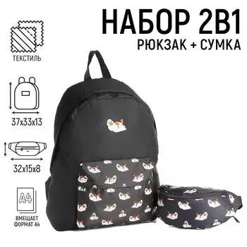 Набор 2 в 1, рюкзак с карманом "Утки", поясная сумка, цвет черный