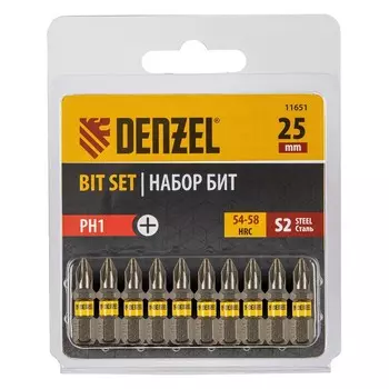 Набор бит Denzel 11651, шестигранный профиль, PH1 х 25 мм, сталь S2, 10 шт.