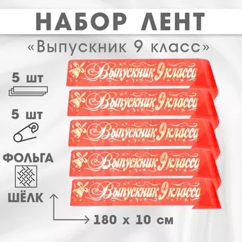 Лента «Выпускник 9 класса», шёлк красный фольга, 5 шт.