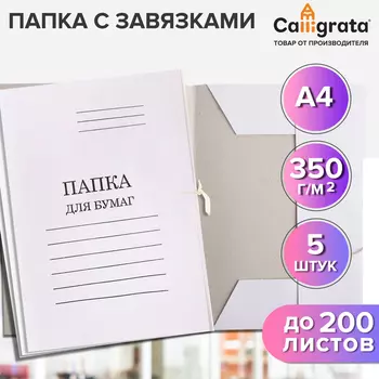 Набор папок для бумаги с завязками 5 штук, Calligrata, 350г/м2, до 200 листов, картон мелованный, белый