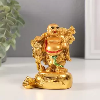 Нэцкэ фигурка «Хотей на мешке с посохом», полистоун, золотой,4.56.69.5 см