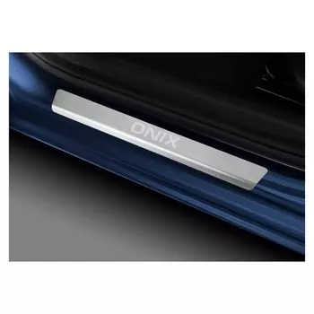 Накладки на пороги Rival для Chevrolet Onix II 2022-н.в., нерж. сталь, с надписью, 4 шт