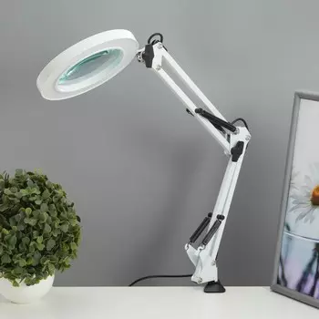 Настольная лампа на струбцине с лупой 5х "Омега" LED 5Вт 3000-6000К белый 16х16х71см RISALUX 946871