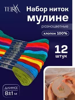 Нитки мулине TEIRA, 8±1 м, набор 12 шт., хлопок, разноцветные