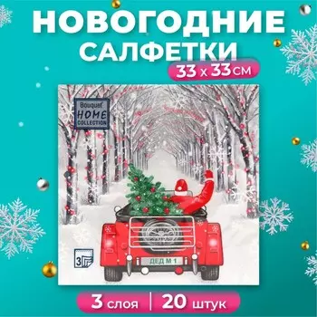Новогодние салфетки бумажные Home Collection «Дед Мороз в пути», 3 слоя, 33х33 см, 20 шт