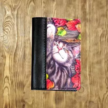 Обложка на паспорт комбинированная "Спящий кот", черная