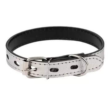 Ошейник кожаный двухслойный, ширина 2 см, ОШ 33-43 см, серебряный