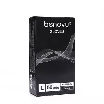 Перчатки Benovy Nitrovinyl нитровиниловые, гладкие, черные, размер L, 50 пар в упаковке