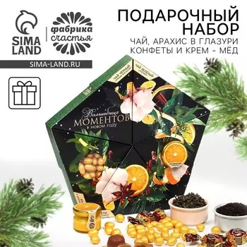 Подарочный набор новогодний «Волшебных моментов»: чай зелёный, чай чёрный, арахис в глазури, конфеты, Крем - мёд