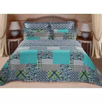 Покрывало стёганое и наволочки Patchwork green, размер 180х200 см, цвет серый