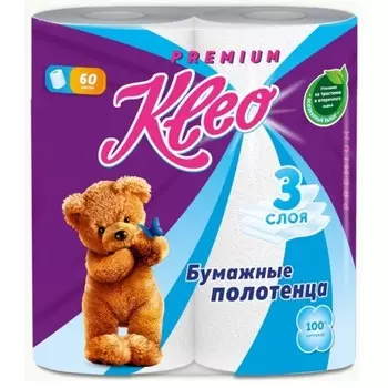 Полотенца бумажные Kleo, 3 слоя, 2 рулона, белые