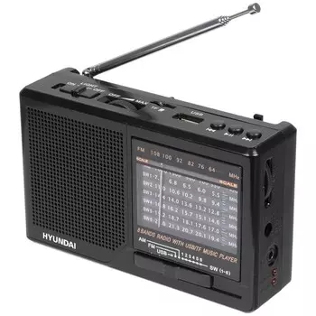 Радиоприемник портативный Hyundai H-PSR140, FM/AM/SW, 87.5-108 МГц, USB, microSD, фонарь, 3хАА (не в компл.), черный