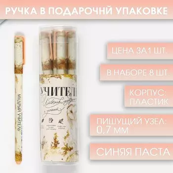 Ручка шариковая с колпачком и нанесением soft-touch, синяя паста 0.7 мм «Учителю»