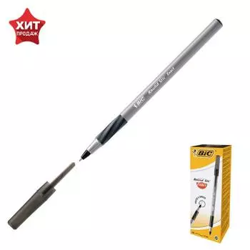 Ручка шариковая BIC Round Stic Exact, узел 0.7 мм, тонкое письмо, резиновый упор, чернила черные, одноразовая, серый корпус