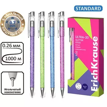 Ручка шариковая ErichKrause ULTRA-20 Stick Glitter, узел 0.7 мм, чернила синие, длина линии письма 2000 метров