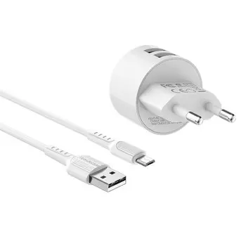 Сетевое зарядное устройство Borofone BA23A, 2xUSB, 2.4 А, кабель Type-C, 1 м, белое