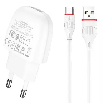 Сетевое зарядное устройство Borofone BA49A, USB, 2.1 А, кабель microUSB, 1 м, белое