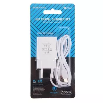 Сетевое зарядное устройство Borofone BA52A, USB, 2.1 А, кабель Type-C, 1 м, белое