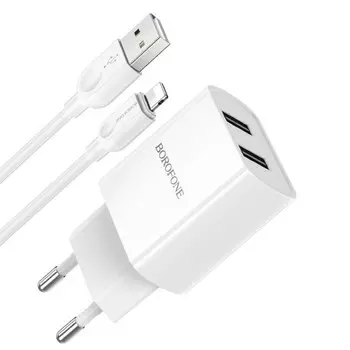 Сетевое зарядное устройство Borofone BA53A, 2xUSB, 2.1 А, кабель Lightning, 1 м, белое