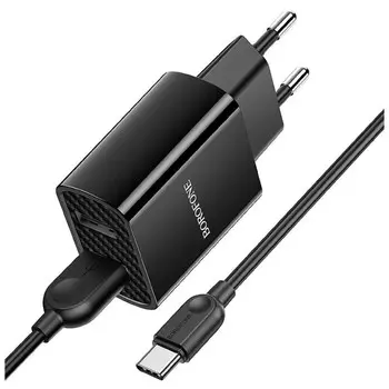 Сетевое зарядное устройство Borofone BA53A, 2xUSB, 2.1 А, кабель Type-C, чёрное