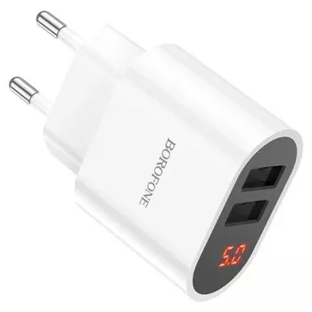 Сетевое зарядное устройство Borofone BA63A, 2xUSB, 2.4 А, дисплей, белое