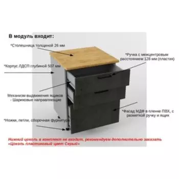 Шкаф напольный с 3-мя ящиками Лофт, 600х600х850, Бетон тёмный