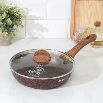 Сковорода KUKMARA Granit ultra red, d=26 см, пластиковая ручка, стеклянная крышка, антипригарное покрытие, алюминий, коричневая