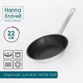 Сковорода Hanna Knvell, d=22 см, h=5.5 см, нержавеющая сталь, толщина стенки 0.6 мм, длина ручки 21.5 см, антипригарное покрытие, индукция