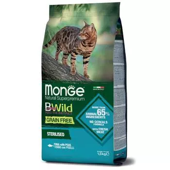 Сухой корм Monge Cat BWild GRAIN FREE для кошек, беззерновой, тунец, 1,5 кг