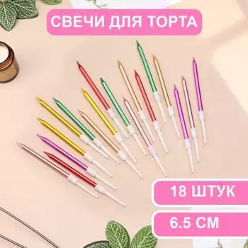 Свечи в торт коктейльные "С днем рождения", 6,5 см,18 шт, металлик