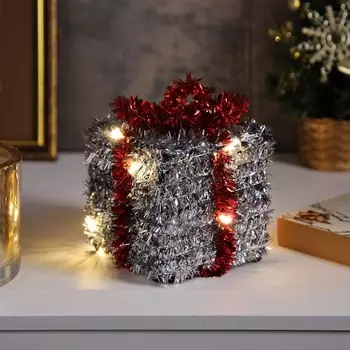 Светодиодная фигура из мишуры «Подарок серебристый» 12 9 см, 10 LED, батарейки AG10х3 (в комплекте), свечение тёплое белое