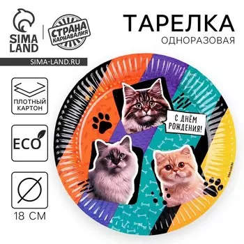 Тарелка одноразовая бумажная "С Днём Рождения",коты, 18 см