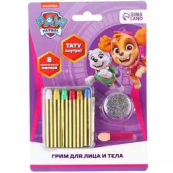 УЦЕНКА Грим для лица и тела Paw Patrol, "Cкай", карандаши 6 цв, блестки, аппликатор, тату