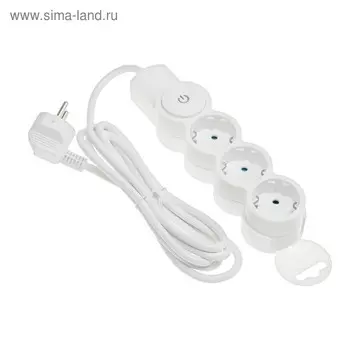 Удлинитель Duwi, 3 розетки, 2 м, 10 А, 2200 Вт, ПВС 3х0.75 мм2, с з/к, с выключателем, белый