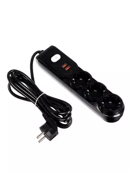Удлинитель сетевой, 3 розетки, 3 м, 1300 Вт, 30.75 мм2, 2 USB-A, USB-C, 2.1 А, с заземлением, с выключателем, чёрный