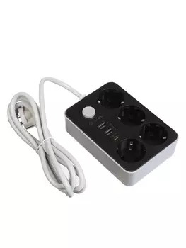 Удлинитель сетевой, 4 розетки, 2 м, 1300 Вт, 30.75 мм2, 2 USB-A, USB-C, 2.1 А, с заземлением, с выключателем