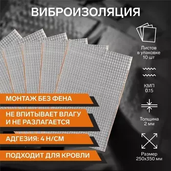 Виброизоляция №2 TORSO, 250 х 350 мм, толщина 2 мм, набор 10 листов