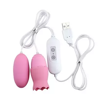 Виброяйца с насадкой для сосков и клитора, 12 режимов, USB, силикон, розовый