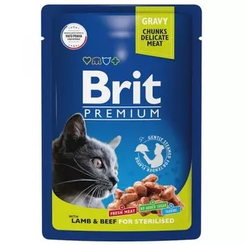 Влажный корм Brit Premium для стерилизованных кошек, ягненок и говядина в соусе, пауч, 85 г 938381