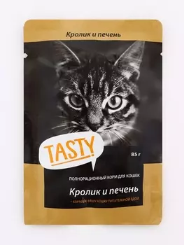Влажный корм Tasty для кошек,кролик и печень в желе, пауч, 85 г