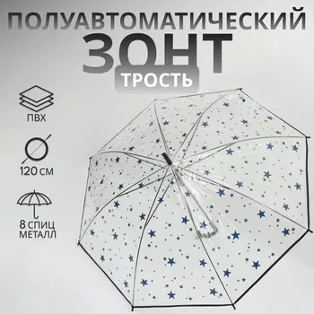Зонт - трость полуавтоматический «Узор», 8 спиц, R=54/60 см, D = 108 см, прозрачный, синий